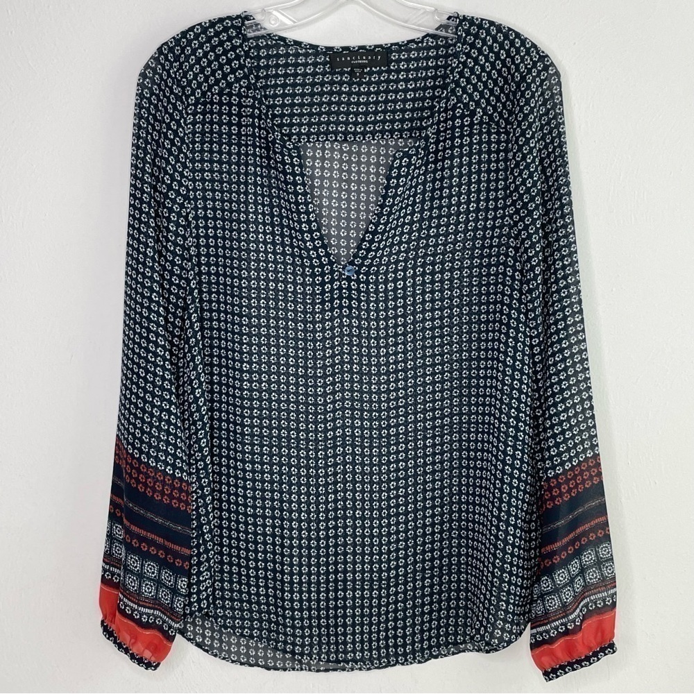 SANCTUARY Boho Print Patterned Semi-Sheer Long Sleeve Blouse Women's Small - Picture 13 of 15